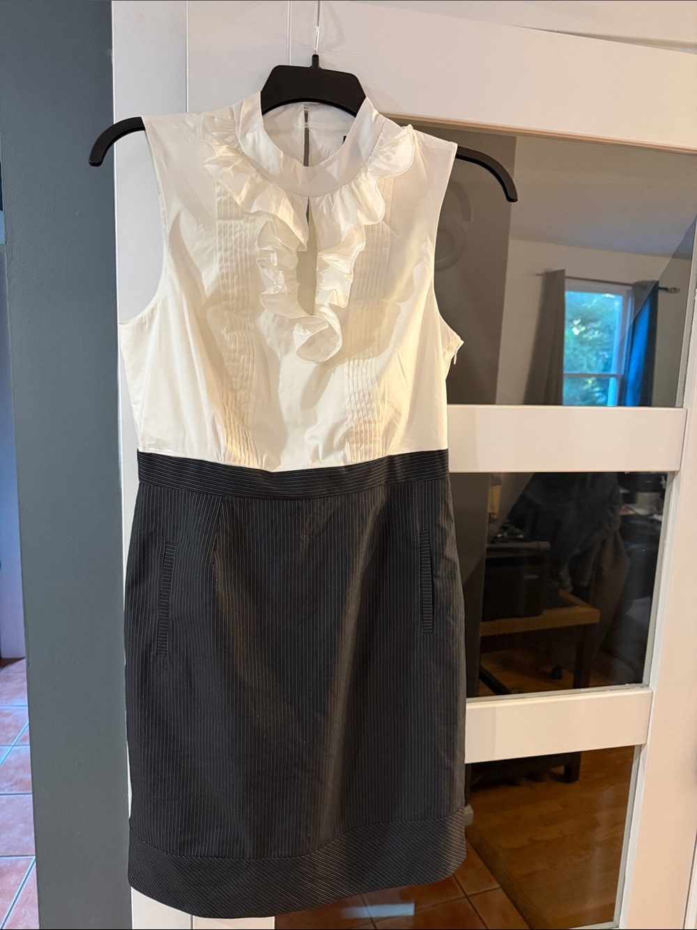 BCBG Paris Ivory Ruffle Bodice Dress with Black Pinstripe Skirt